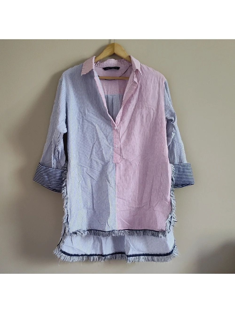 ZARA striped linen blend oversized high low tunic top size M fringe trendy - Picture 8 of 8